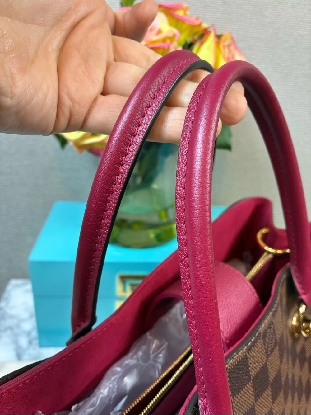 Louis Vuitton LV Damier Ebene Riverside Tote w/ Magenta Leather & LV Charm - NWT